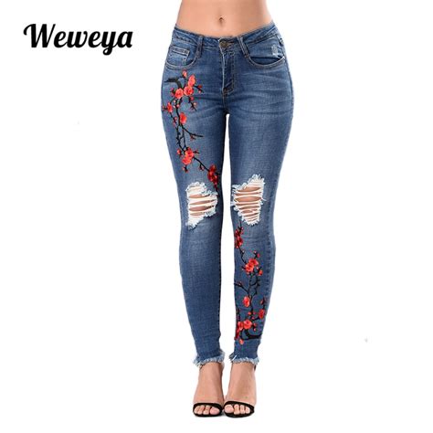 Weweya 빈티지 찢어진 스키니 청바지 여성용 탄성 푸시업 펜슬 진 플러스 사이즈 3xl 데님 바지 Mujerwomen Embroidery Jeans