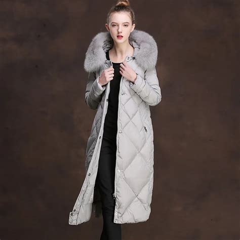 Women Fox Fur Long Down Coats Super Warm Long Coat Fur Collar Hooded