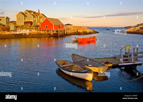Sunset Over Fishing Village Peggys Cove Nova Scotia Canada Stock