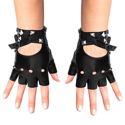 Skeleteen Fingerless Faux Leather Gloves Black Biker Punk Gloves With