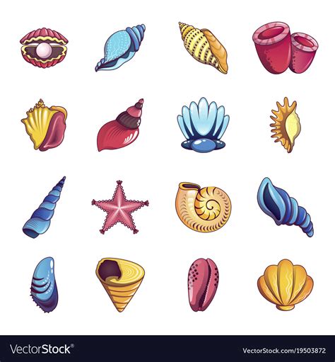 Tropical Sea Shell Icons Set Cartoon Style Vector Image