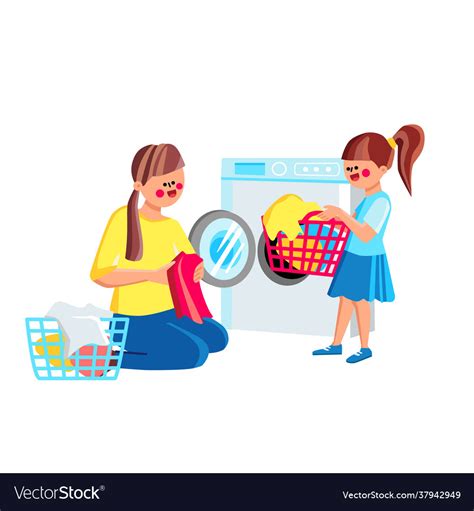 Daughter Girl Helping Mother Doing Laundry Vector Image