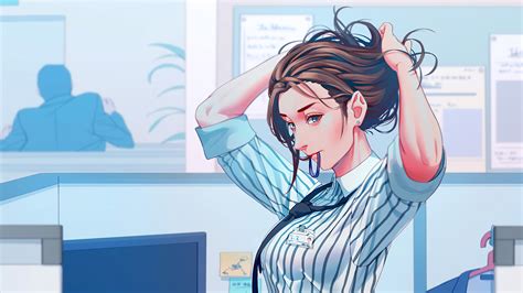 Office Anime Girl Adjusting Hairs 4k Wallpaper HD Anime Wallpapers 4k