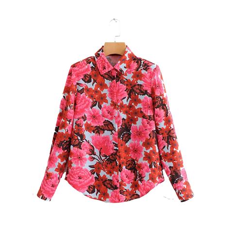 Cs3817 Summer Fashion Red Floral Print Long Sleeve Blouse Female Chic