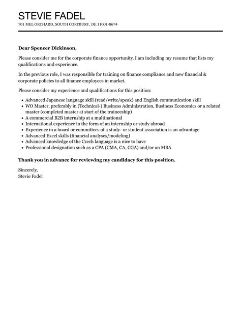 Corporate Finance Cover Letter Velvet Jobs
