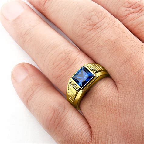 10k Gold Mens Ring With Blue Sapphire And Natural Diamonds