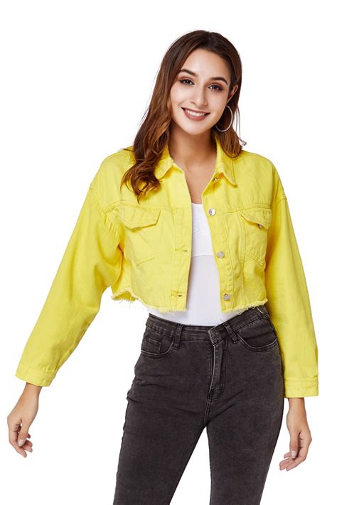 This characteristic is confirmed by his grinding vocal sound (akin to gears working against each other) during his songs, featured most. Yellow loose ladies short denim jacket,DENIM JACKET