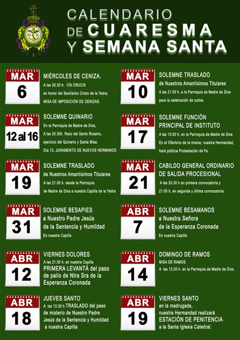Calendario De Cuaresma Y Semana Santa Hermandad De La Yedra
