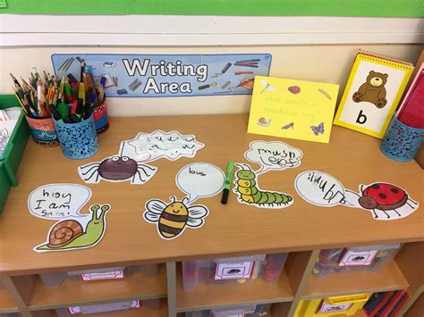 Writing area mini beasts | Writing center preschool, Writing area