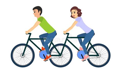 Couple Of Man And Woman Are Riding A Tandem Bicycle Outdoors Stock Vector Illustration Of