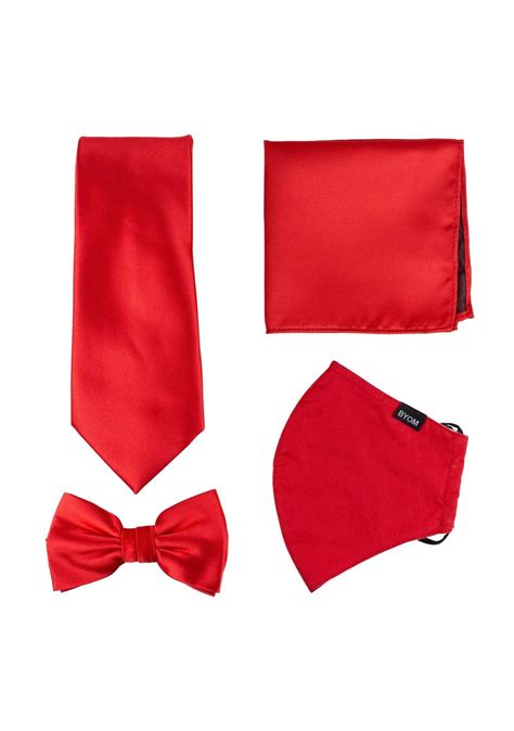 Bright Red Mask Set Necktie Bow Tie Face Mask Hanky Set In Solid