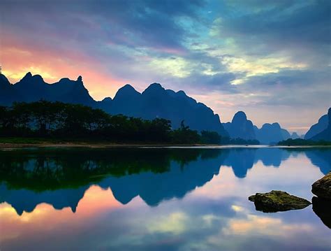 Lijiang River China Forest Mountains Nature River Reflection