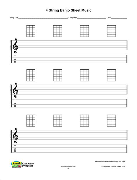 4 String Banjo Blank Sheet Music With Tab Lines And Chord Boxes