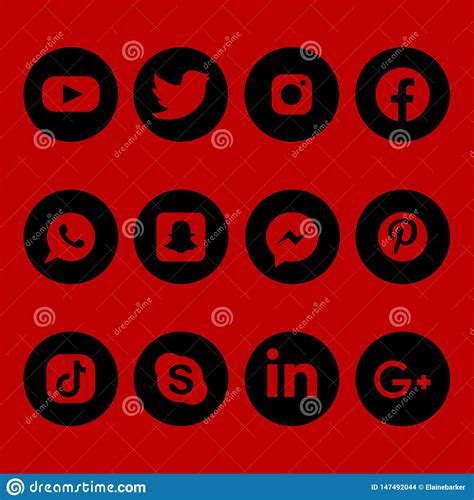 Black And Red Social Media Icons Set Hand Drawn Editorial Stock Image
