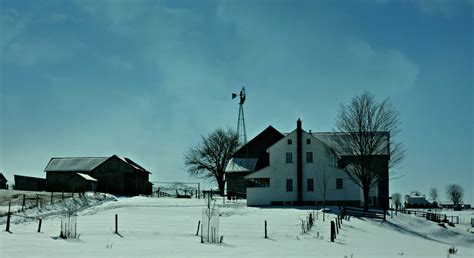 Wallpaper Trees Winter Sky House Snow Windmill Clouds Barn