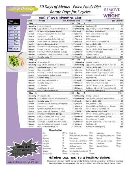1200 Calories 30 Day Paleo Diet With Shopping List Printable Menu