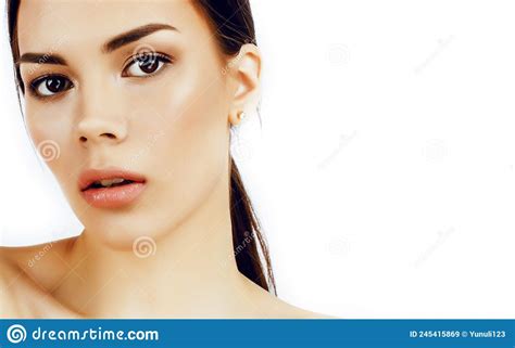 Young Fresh Brunette Tan Girl With Beauty Hairstyle Isolated On White Closeup Soft Spa Face