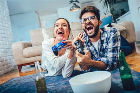 Cute Couple Playing Video Games Stock Image Image Of Game Female
