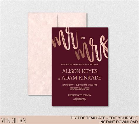 Burgundy Rose Gold Wedding Invitation Template Set Diy Etsy Hong Kong