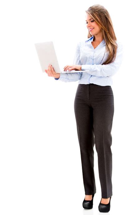 Business Woman Standing A Holding A Laptop Isolated Over White