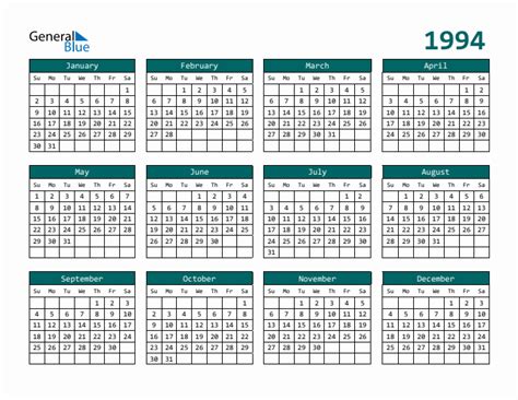 Free 1994 Calendars In Pdf Word Excel