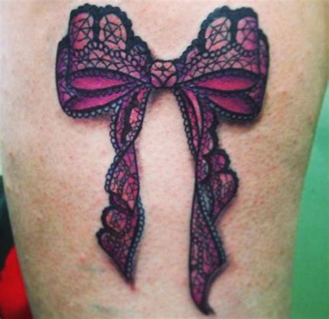 Pink And Black Lace Ribbon Bow Tattoo Design For Thigh Bow Tattoo