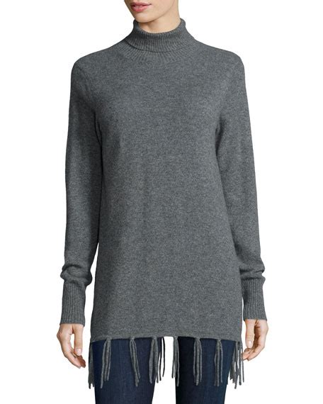 Neiman Marcus Cashmere Collection Long Cashmere Turtleneck W Fringe