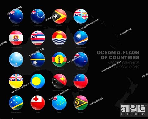 Oceania Countries Flags Vector 3d Glossy Icons Set Isolated On Black