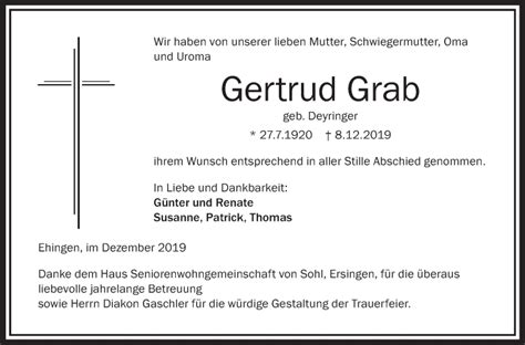 Traueranzeigen Von Gertrud Grab Schwaebische De Trauerportal My Xxx