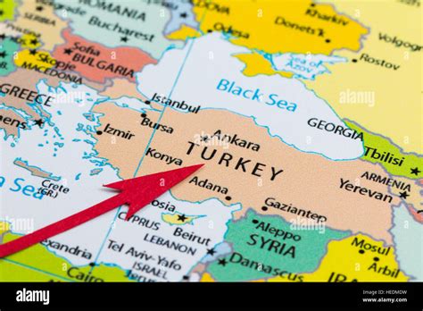 Red Arrow Pointing Turkey On The Map Of Europe Continent Stock Photo