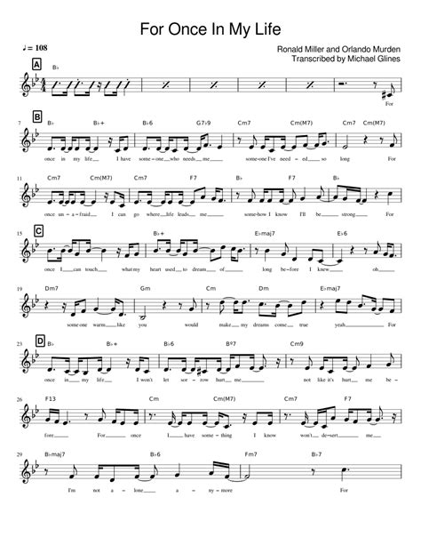 For Once In My Life Stevie Wonder Lead Sheet In Bb Sheet Music For