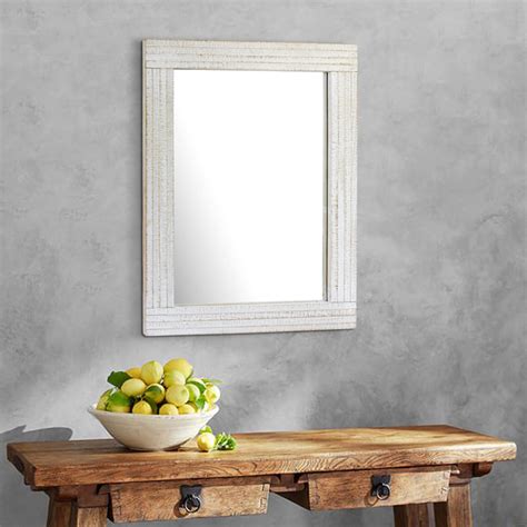 Rustic Rectangular Worn White Wood Frame Hanging Wall Mirror