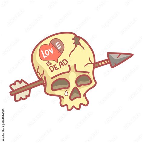 Skull With Inscription Love Is Dead Pierced By Arrow Colorful Cartoon Illustration Stock Vector