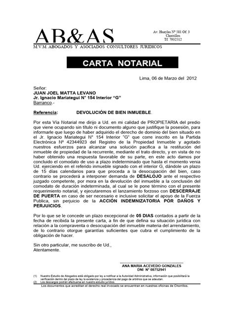 Carta Notarial Desalojo Por Ocupacion Precria Pdf Propiedad Justicia