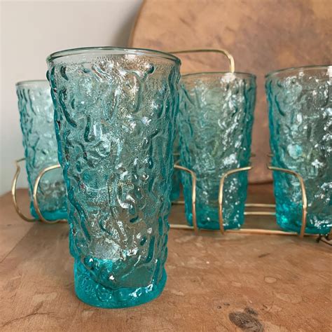 Set Of 8 Vintage 1960s Aqua Blue Glass Tumblers With Wire Organizer