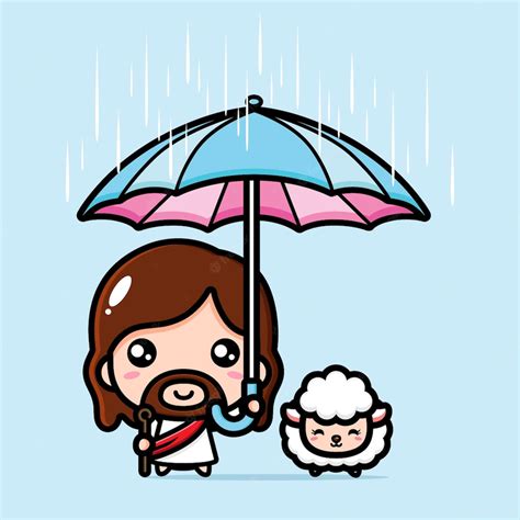 Premium Vector Cute Jesus Christ Umbrella The Sheep From The Rain