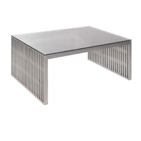 Chromed steel architectural sculptural base with. stainless steel slat coffee table glass top | NJMODERN ...