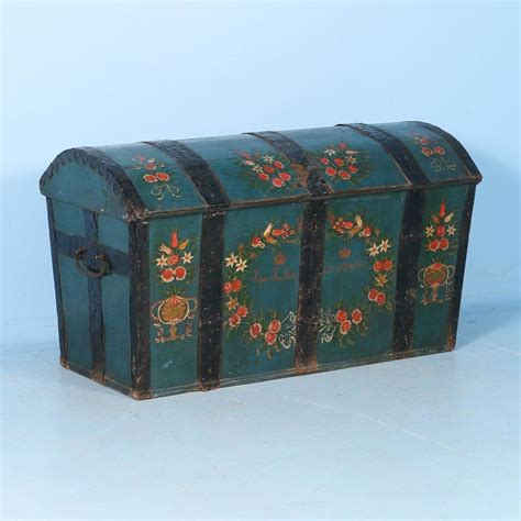 Antique Swedish Dome Top Trunk Painted Green Dated 1847 Scandinavian