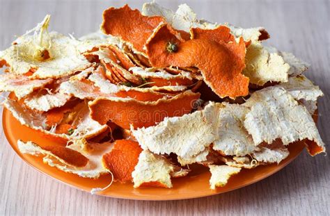 Dried Tangerine Peel On An Orange Plate Stock Image Image Of Closeup