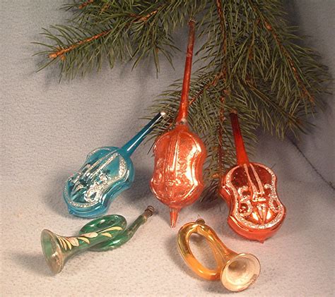 5 Vintage 1930s Glass Musical Instruments Horns And Violins Christmas