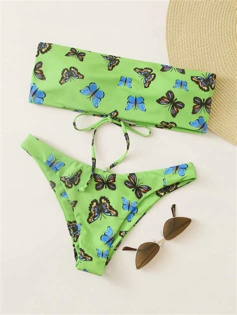 Affiliate Links Butterfly Print Lace Up Bandeau Bikini Swimsuit