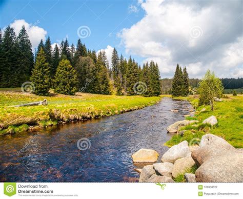 Idyllic Landscape With Calm Mountain River On Sunny Day White Stones