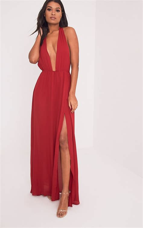 Alina Burgundy Plunge Maxi Dress Dresses Prettylittlething Usa