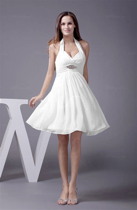 White Elegant Halter Sleeveless Zip Up Knee Length Flower Prom Dresses
