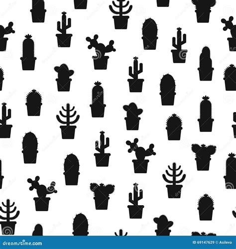 Seamless Pattern With Silhouette Cacti In A Pot Icon Of Cactus Flower