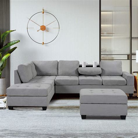 Piece Convertible Sectional Sofa L Shaped Couch With Reversible Chaise Lounge Storage Ottoman