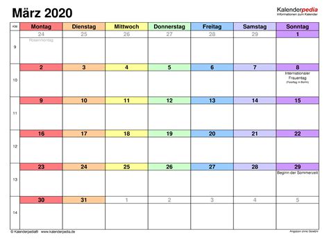 Praktische, vielseitige wochenkalender für 2021 mit farblich markierten bundesweiten feiertagen und kalenderwochen. Kalender März 2020 als Excel-Vorlagen