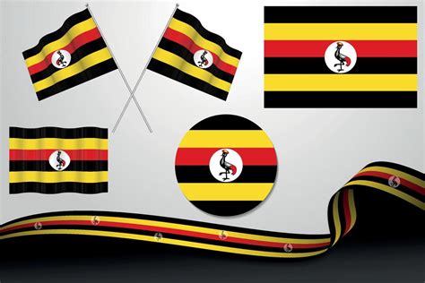 Set Of Uganda Flags In Different Designs Icon Flaying Flags With