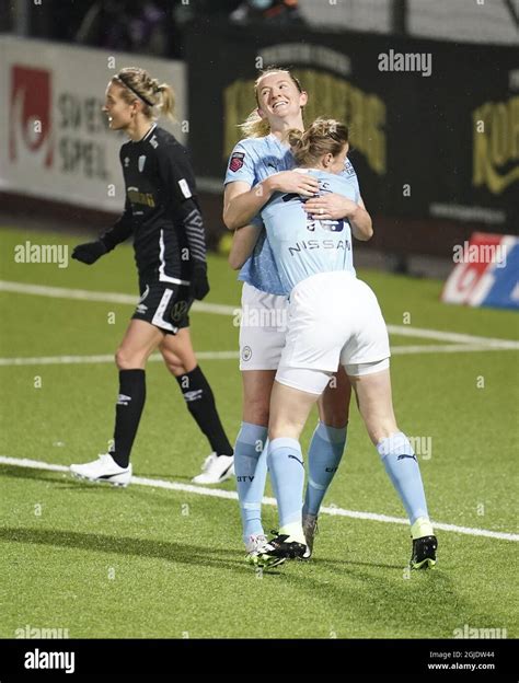 manchester city s celebrate sam mewis scored their second goal during the women s champions