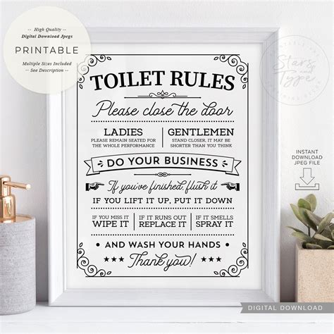Toilet Rules Printable Wall Art Above Toilet Loo Sign Fun Etsy